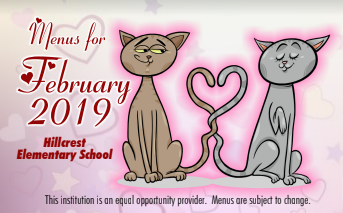 "menus for Feb 2019" with two cats with tails intertwined in a heart shape